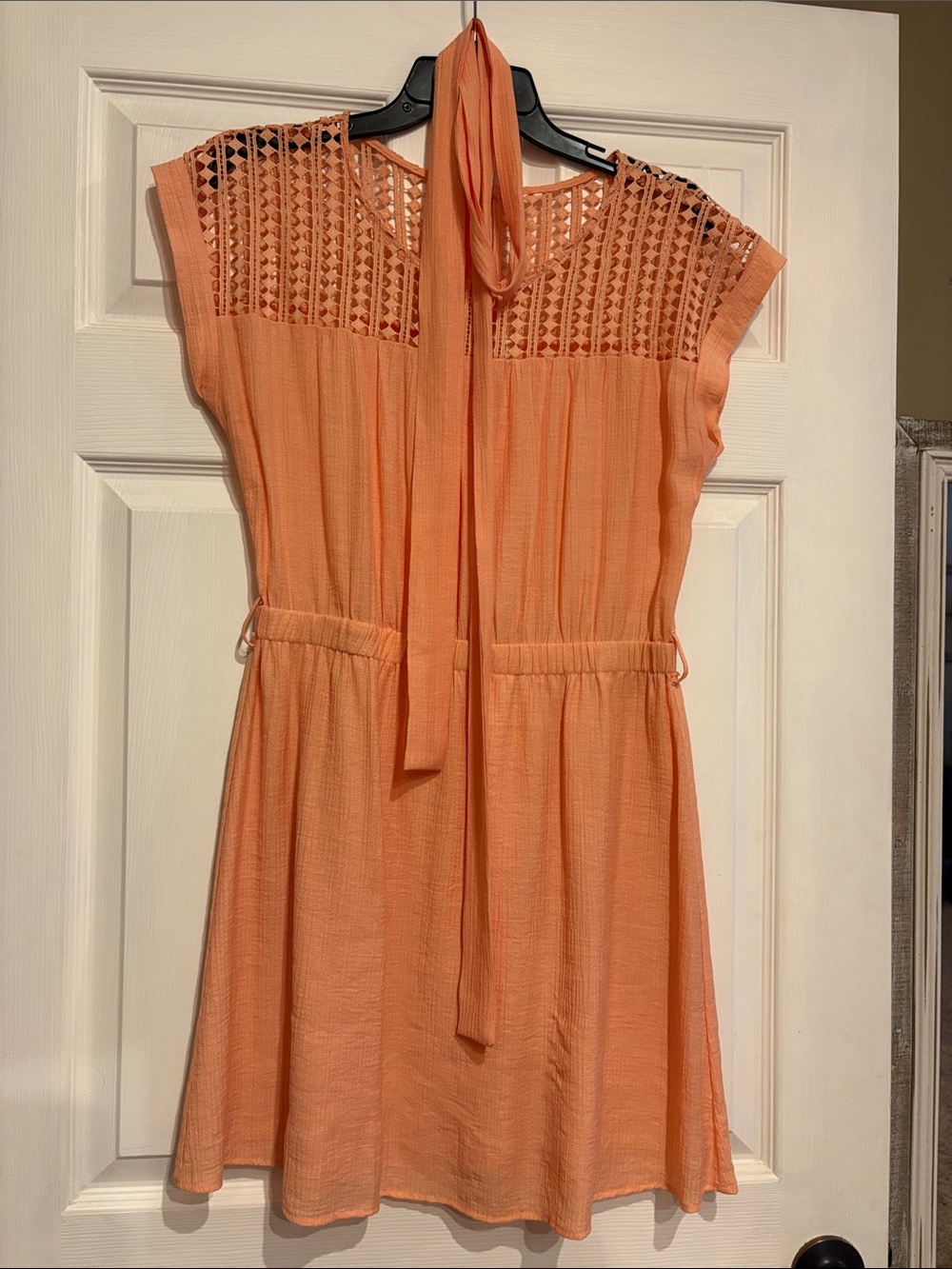 Sweet Wanderer Peach Crochet-Yoke Tie-Back Mini Dress